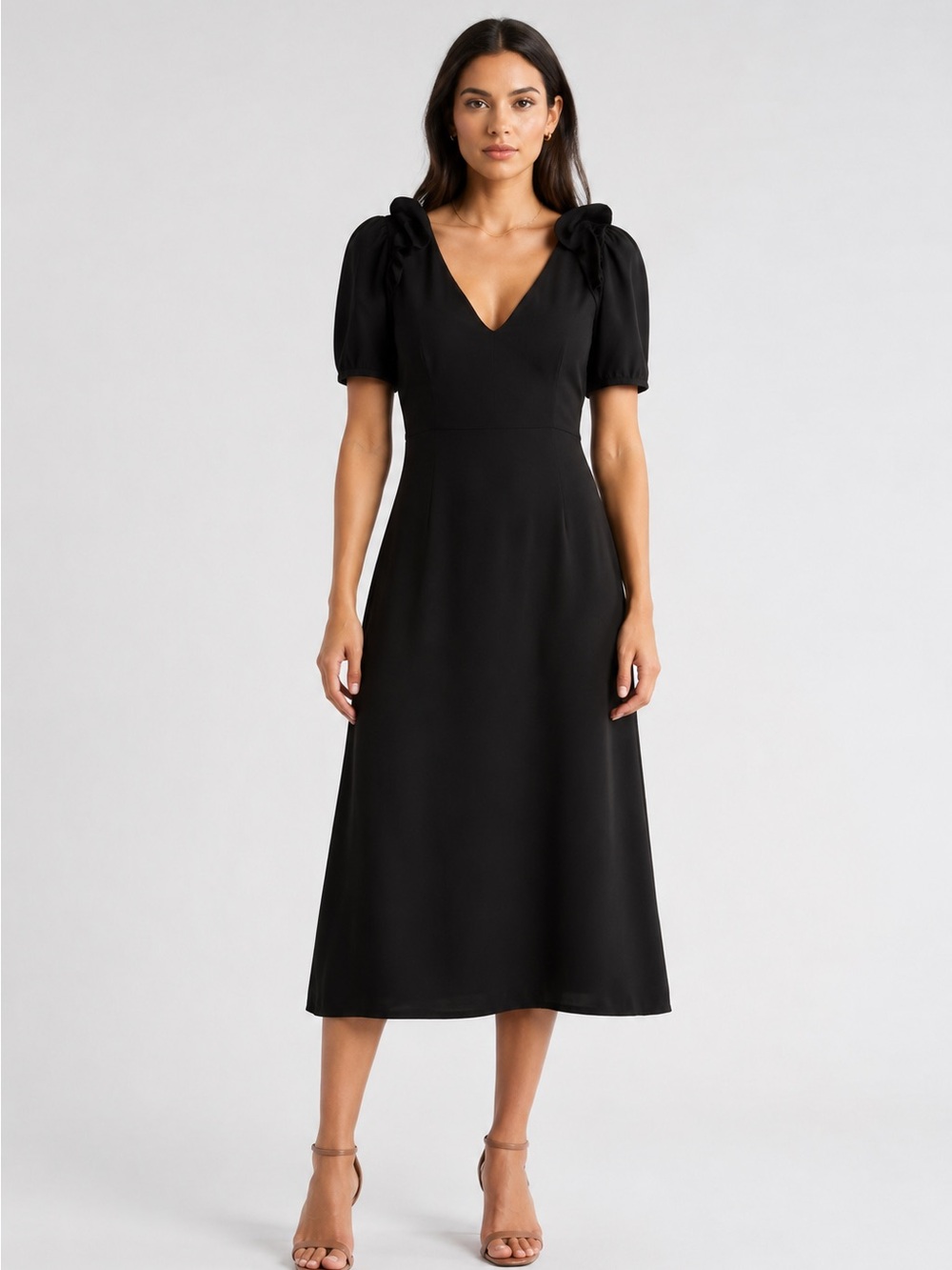 14. ASTR • NWT $158 USD Black V-Neck Midi Dress with Puff Sleeves PTP 18”-21”